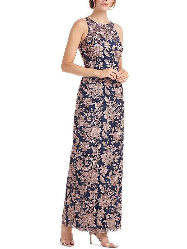 Womens Floral Embroidered Illusion Evening Dress